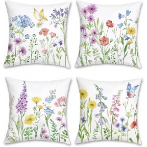 Cauc-Housse De Coussin Fleurs 45 X 45 Cm Fleur De Jardin Oiseaux Velours Doux D&eacute;coratif Taie D'oreiller Pour Canap&eacute; Salon Maison Ext&eacute;rieur D&eacute;coration 4 Pi&egrave;ces - Neuf