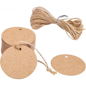(C) 100pcs Rond de Papier Kraft, Étiquettes, papier d'emballage Étiquette avec 5cm de Diamètre de la Ficelle de Jute 20m pour le BRICOLAGE d'Emballage de Cadeaux de Noël, de Mariage, de Fête, de l'Artisanat - Neuf