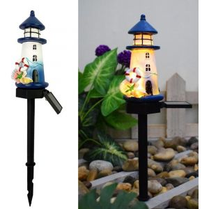 Lumi&egrave;res d'atmosph&egrave;re du phare bleu et blanc solaire, lampe de plancher maison mignonne de r&eacute;sine d&eacute;coration jardin et cour, Lumi&egrave;res LED sans fil du cr&eacute;puscule &agrave; l'aube imperm&eacute;ables. - Neuf
