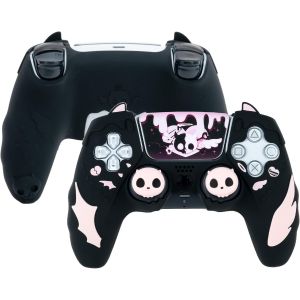 Ensemble De Poign&eacute;es Mignonnes Pour Manettes De Ps5, Coque De Protection Antid&eacute;rapante En Silicone Pour Manette De Ps 5 Sans Fil, T&ecirc;te De Mort Noire - Neuf