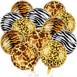 Jungle Balloon, 12 Pcs Foil Balloons With Printed Animal, Leopard, Tiger, Giraffe, Zebra Balloon, Round Aluminum, Jungle Safari Balloons, For Jungle Themed Birthday Party Supplies - Neuf