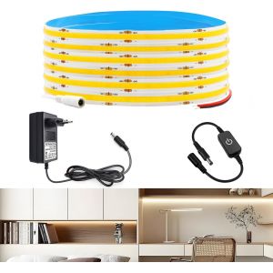 Fabur-2m Cob Led Bande Blanc Chaud 3000k Kit Complet Avec Alimentation 24v & Variateur, 640 Led (320/M), Largeur 8mm, 5cm Découpable, Ip20 Éclairage Intérieur Pour Meubles/Armoires - Neuf
