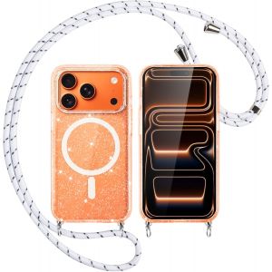 Couqe Magn&eacute;tique pour iPhone 17 Pro max Con Cordon, Compatible avec MagSafe, Transparent Glitter Paillet&eacute; Antichoc Anti-Rayures Housse R&eacute;glable Collier Bumper Case pour iPhone 17 Pro max, Blanc - Neuf