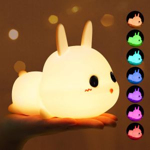 Dww-Veilleuse Enfant, Veilleuse Bebe Lapin 7 Couleurs, Contrôle Tap Dimmable Lampe Chevet Enfant Rechargeable, Chronométré Led Silicone Portable Veilleuse Pour Fille Enfant Bebe Deco Chambre Cadeau - Neuf