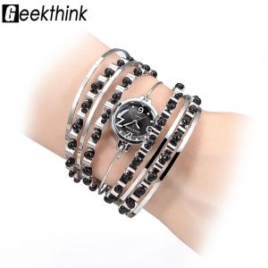 Geekthink Quartz Analogique Montre Bracelet Ouvert Bracelet Acier Rond Bo&icirc;tier Montre-Bracelet Noir - Neuf