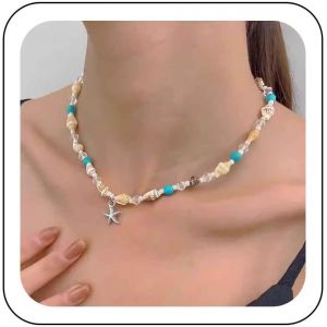 Kal-Collier Tour De Cou Boho Étoile De Mer Perles De Cristal Collier Perle Conque Fait Main Collier Surfeur Plage Hawaii Collier Collier Chaîne Cauris Collier Océan Bijoux Pour Femmes - Neuf