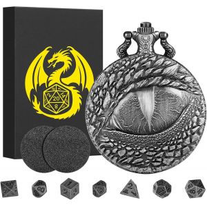 Eryi-Steampunk Yeux De Dragon Coquille De Montre De Poche, Mini Dnd Lot De Dés, 7 Pièces Dés D&d En Métal Polyédrique, Cadeaux D&d Avec Boîte Cadeau, Accessoires De Jeux De Société De Rôle, Argent Fo - Neuf