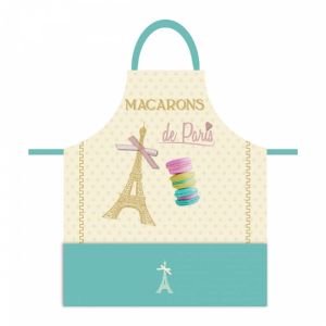 Promotion ! Tablier Cr&eacute;ateur 'terroir Fran&ccedil;ais' Beige Vert (Macarons De Paris) - 80x65 Cm - Neuf