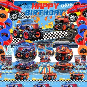 Tianyi-Décorations De Fête D'anniversaire Monster Truck ¿ Accessoires De Fête Avec Toile De Fond, Assiettes, Tasses, Serviettes, Nappes, Ballons ¿ Pour 20 Invités - Neuf