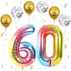 CAUC-Ballon Anniversaire 60 Ans D&eacute;grad&eacute; Rainbow, 101 CM Chiffre 60, Happy Birthday Decoration 60 Ans, D&eacute;coration Num&eacute;ro - Vole &agrave; l'H&eacute;lium - Neuf