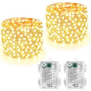 TRAHOO-Guirlande Lumineuse &agrave; Pile, 2 Pack 50 LED Guirlande &Eacute;tanche 8 Modes pour No&euml;l, Ext&eacute;rieur Int&eacute;rieur, Sapins, Jardin, F&ecirc;te (Blanc Chaud) - Neuf
