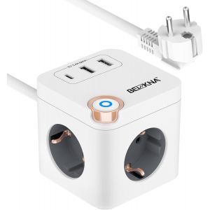 Cube multiprise, avec c&acirc;ble, 3 Prises, avec USB C, 3680 W, Adaptateur de Prise, Cube multiprise, 6 en 1, avec Interrupteur, pour Bureau, Maison, Voyage, Blanc, 2 m - Neuf