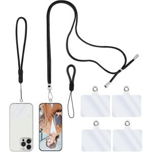 KAL-Chaîne Pour Téléphone Portable Universel, 1 Longue Lanière+1 Dragonne Pour Poignet+1 Dragonne Pour Doigt+4 Entretoises Transparentes Lanière Pour Téléphone Portable Porter Réglable (Noir) - Neuf