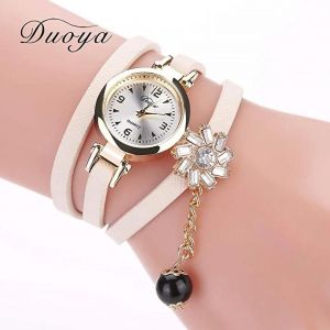 Duoya Femmes Rétro Noir Imitation Perle Pendentif Fleur Strass Bracelet Montre (Beige) - Neuf