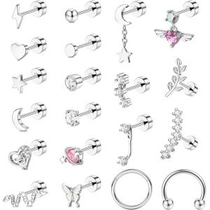 Kal-20pcs Piercing Helix Boucles D'oreilles Femme Acier Inoxydable Piercing Oreille Argent Or Coeur Étoile Lune Serpent Boucles D'oreilles À Dos Plat Piercing Tragus Conch Daith - Neuf