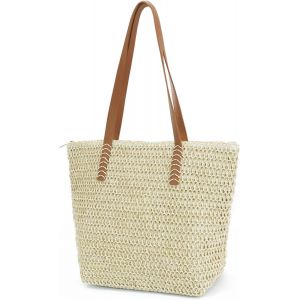 RFCBC-Sac de plage en paille pour femme - Grand sac en paille avec fermeture éclair - Sac tissé rétro d'été - Sac à main - Sac à main - Sac à main - Style bohème décontracté - Pour la plage, la - Neuf