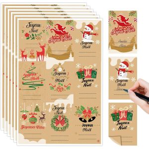144 Etiquette Cadeau Autocollants Noel en Fran&ccedil;ais, 16 feuilles Stickers Gommettes Noel Etiquette Autocollant Auto-adh&eacute;sif, &Eacute;tiquettes Nom en Papier Kraft, D&eacute;coration de No&euml;l Emballages Cadeaux - Neuf