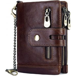 Portefeuille en cuir marron pour homme, porte-monnaie classique avec chaîne et fermeture éclair (1 pièce) - Neuf