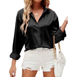 Utigh-Chemisier Pour Femmes Manches Longues Chemise À Col En V La Soie Élégante Casual Tops Chemisier Uni De Travail À Boutons Sur Le Devant Top De Soirée Business - Neuf