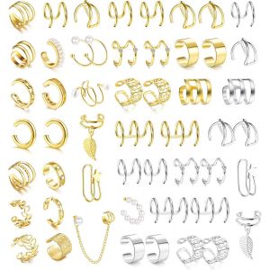 52 Pcs Faux Piercing Oreille, Boucle Oreille Sans Trou, Clips D'oreille Helix, Non-Piercing Cartilage Clip, R&eacute;glables, Manchette D'oreille En Acier Inoxydable - Neuf