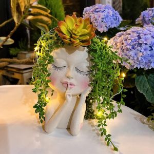 Pot de fleurs en forme de t&ecirc;te de visage,solaire,pour plantes succulentes,cactus,avec guirlande lumineuse LED avec trou de drainage,en r&eacute;sine &eacute;tanche,yeux ferm&eacute;s,pour femme,d&eacute;coration de - Neuf