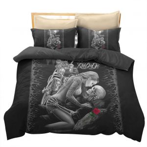 Hjlian Parure De Lit 3 Pieces En Polyester Avec Housse De Couette Et Taie D'oreiller Motif Crane Et Moto 3d (Queen) - Neuf