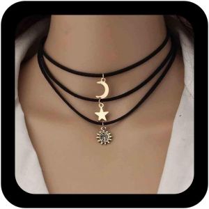 Kal-Collier Pendentif Lune Boh&egrave;me Tour De Cou &Eacute;toile En Cuir Collier Tour De Cou Soleil Dor&eacute; Collier En Cuir Superpos&eacute; Collier Gothique R&eacute;glable En Daim Collier Bijoux Pour Femmes Et Filles - Neuf