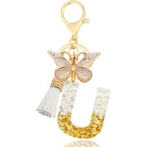 KAL-Porte-Clés Avec Lettre, Keychains Lettre Avec Papillons Pompon Pendentif, Alphabet Porte-Clés, Porte-Clés Initiale Pour Femmes Filles Sac À Main Bagages Décoration - Neuf