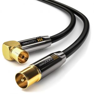 3,0m Câble D'Antenne de Télévision HDTV Full HD 1x Coudé Câble Coaxial TV Prise (Droite) à TV Fiche (90° Degrés) Bouchon Métallique - Noir - Neuf