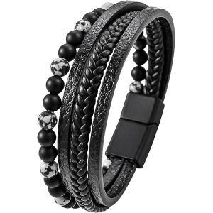 Kalanka-Bracelet Cuir Homme, Bracelet Perle Homme, Noir Bleu Marron Bracelets Pour Hommes, Avec Boîte Cadeau - Neuf