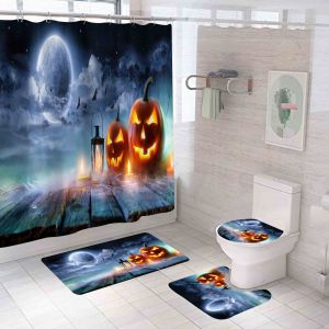 Rideau de douche Halloween avec lune et citrouille en vue générale, décorations de salle de bain Halloween 71 x 71 cm - Rideau de douche avec tapis, abattant de toilette et tapis - Neuf