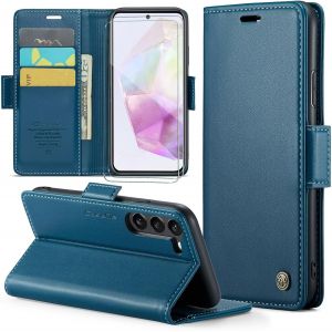 Kal-Coque Pour Samsung Galaxy A35+ 2 Pièces Verre Trempé,Antivol,Prend En Charge Le Chargement Sans Fil, Pochette Fermeture Magnétique Flip Case- Bleu - Neuf