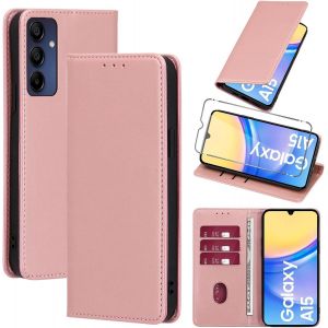 Kal-Coque Cuir Pour Samsung Galaxy A15 5g 6.5"" Avec 1 Verre Trempé Etui À Rabat En Pu Porte-Cartes Portefeuille Support Flip Housse Magnétique Antichoc Anti-Rayures Case,Rose_Gold - Neuf