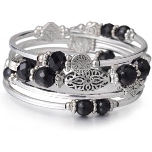 Wrap Silver Layered Bracelet With Beads Stackable Rigid Bracelets Bohemian Jewelry Gifts For Mother's Day - Neuf