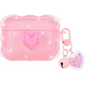 Coque Scintillante Compatible avec Airpods Pro (2019) avec Porte-cl&eacute;s, &Eacute;tui de Protection avec C?ur Cristal pour Fille, Housse en Silicone Antichoc Anti-Rayures Antid&eacute;rapant, Rose Transparent - Neuf