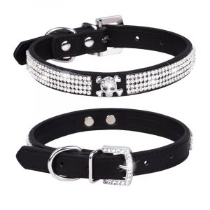M-Cp376-4 Noir-2 Pièces Collier Réglable En Cuir Synthétique Avec Strass Pour Petits Chiens Et Chats - Neuf