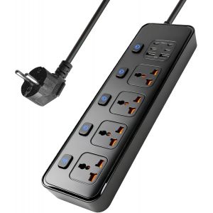 KALANKA-Multiprise avec Ports USB, rallonge avec Ports USB, multiprise 4 Prises (4 Ports USB-C et 2 Ports USB), Interrupteur Individuel 3000 W, rallonge de 1,8 m, Adaptateur multiprise UE, Noir - Neuf