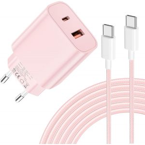 USB C Charger 20W - Ultra Fast Charging Dual Port with 2M USB C Cable for iPhone 16/15, for Samsung, for Pad, Pixeli etc - Pink - Neuf