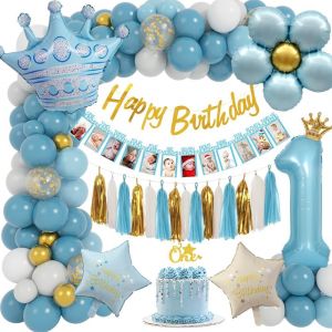 CAUC-D&eacute;coration Anniversaire 1 An Gar&ccedil;on - Bleu Ballon avec Baby Mois Banni&egrave;re de Photo, Foil Ballons, Banni&egrave;re pour Bebe Gar&ccedil;on - Neuf