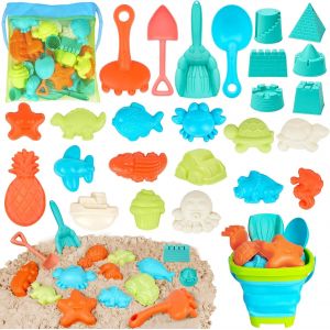 Kal-27 Pièces De Jouets De Sable Pour Les Enfants,Set De Jouets De Plage Avec Seau Pliable, Voyage Jouets De Sable Moules,Jouets De Plage Pour Fille Garçon Avec Pelle De Sable Seau Sac Filet - Neuf