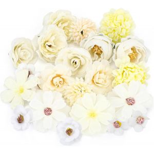 20 Pieces Fleurs Artificielles,Têtes de Fleurs Rose Pivoine Artificielles,Petite Fausse Fleur Decoration pour DIY Bouquet Couronne Mariage Fête Festival Maison Jardin Artisanat(Blanc Jaune) - Neuf
