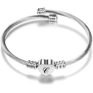 Bracelet C&acirc;ble 20cm En Acier Inoxydable 316l, Bracelet Initiale Lettre A-Z Femme Fille-Couleur Argent&eacute; - Neuf
