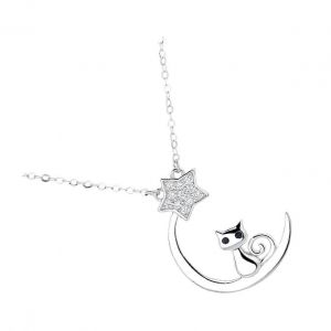 Collier Étoile Et Lune - Pendentif Chat En Argent Sterling Avec Croissant De Lune - Chaîne En Argent 925 - Cadeau De Noël Pour Elle - Neuf