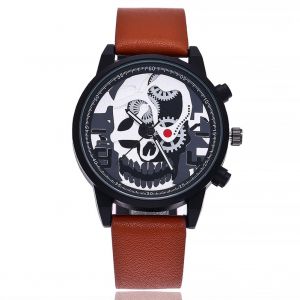 Montre A Quartz Vansvar Pour Homme, Cadran Rond, En Cuir Synthetique, Motif Tete De Mort Creuse (Cafe Clair) - Neuf