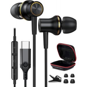 Ecouteurs USB C pour Samsung S25 A16 A17 A56 A36 A35 S24 S23 &Eacute;couteurs USB Type C Filaire Casque Intra Auriculaire Magn&eacute;tique avec Micro pour iPhone 16e 16 15 Pixel 10 9a 8a Mi 15 14T Or Noir - Neuf