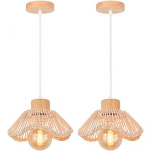 Subzonal-Lots De 2 Suspension Luminaire En Bambou Tress&eacute;e Lampe Suspendue Boho Style Int&eacute;rieur Lustre Salon En Rotin Vintage Bois Plafonnier Pour Chambre Couloir Cuisine Caf&eacute; - Neuf