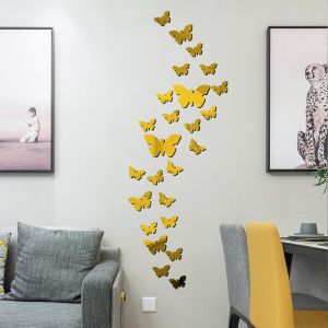 Butterfly Acrylic Mirror Stickers (Gold), Miroir acrylique autocollant pour murs, salon et décoration d'intérieur moderne - Neuf
