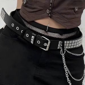 Gothique Pu Cuir Clout&eacute; Ceintures Oeillet Solide M&eacute;tal &Eacute;pingle Boucle Carr&eacute; Perle Rivet Ceinture Punk Jeans Ceintures D&eacute;coratives - Neuf