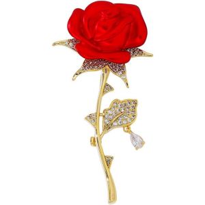 Kjdal-Broche Fleur Rose Rouge Strass Pour Femme &Eacute;l&eacute;gante Broche Fleur Zircon Brillant Fleur Revers Broches Mariage F&ecirc;te Insigne Bijoux,M&eacute;tal - Neuf