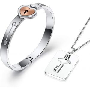 2pcs Couple Bracelets Et Colliers Ensemble Serrure Et Clé Personnalisé Gravure Acier Inoxydable 3 Couluer Cadeau D'anniversaire (Boite Bleu)¿ - Neuf